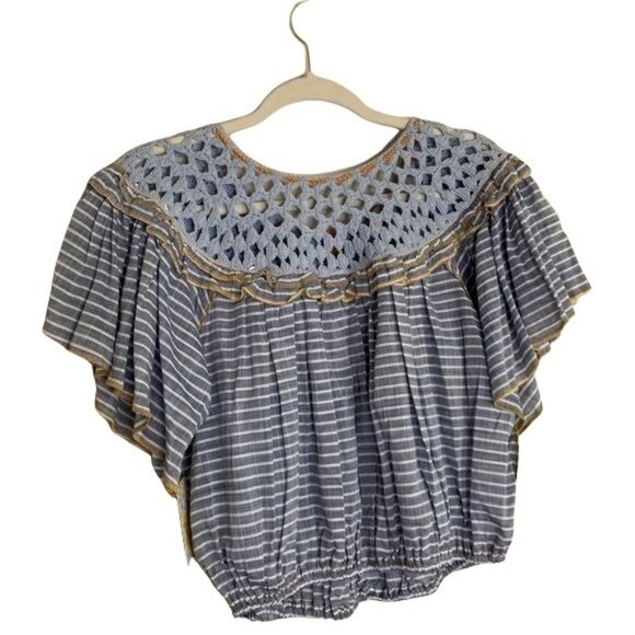 Free People Allora Blouse Size Small Crochet Neckline Striped Blue Orange New - Picture 4 of 8